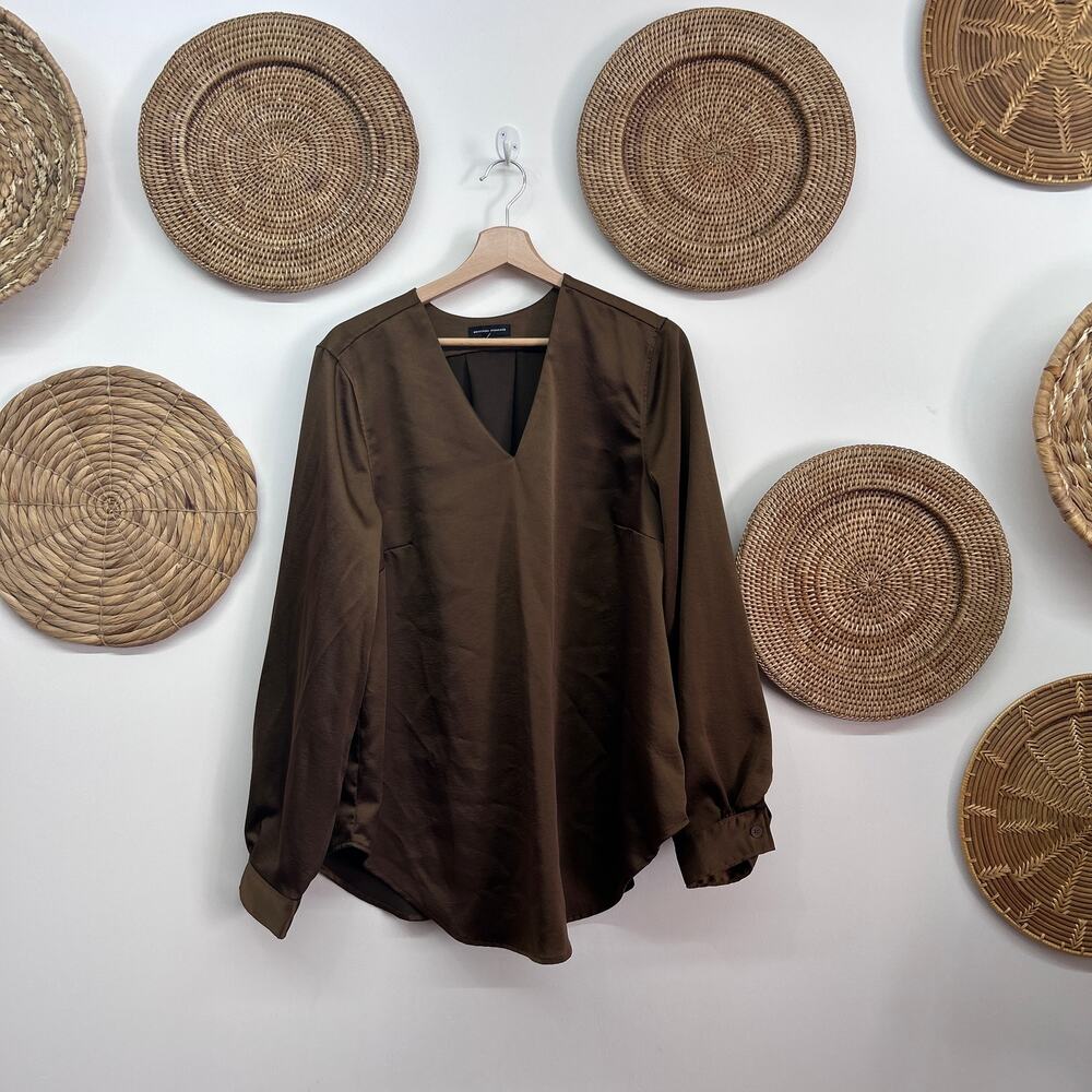Universal Standard Brown Eva Satin Long Sleeve Blouse XS / 10-12 V-Neck Neutral